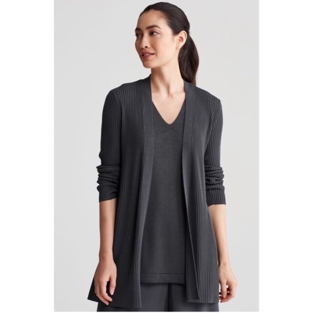 Eileen Fisher Gray Ribbed Tencel Knit Cardigan size large